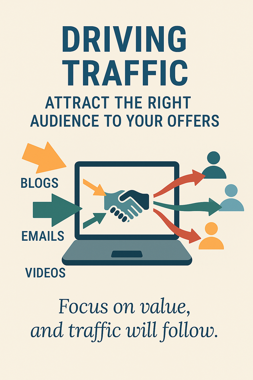 Illustration of arrows and visitors flowing toward a laptop screen, symbolizing web traffic in affiliate marketing.