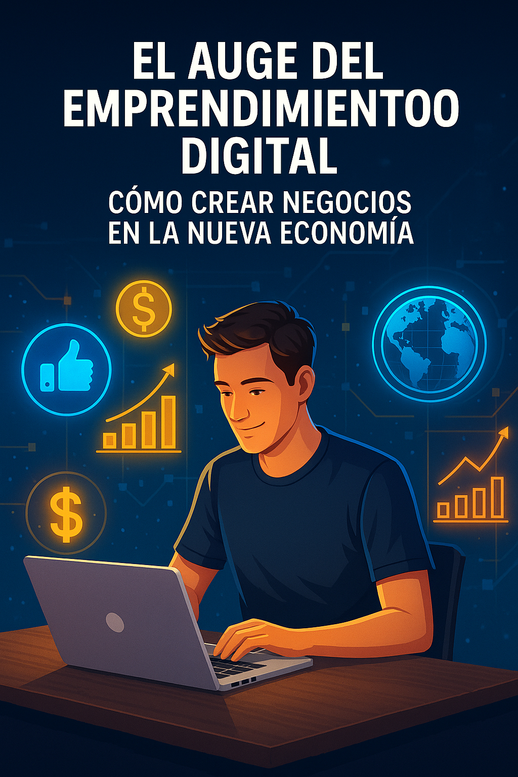 Una persona trabajando desde su laptop rodeada de hologramas de redes sociales, gráficos de crecimiento y símbolos de dinero digital.