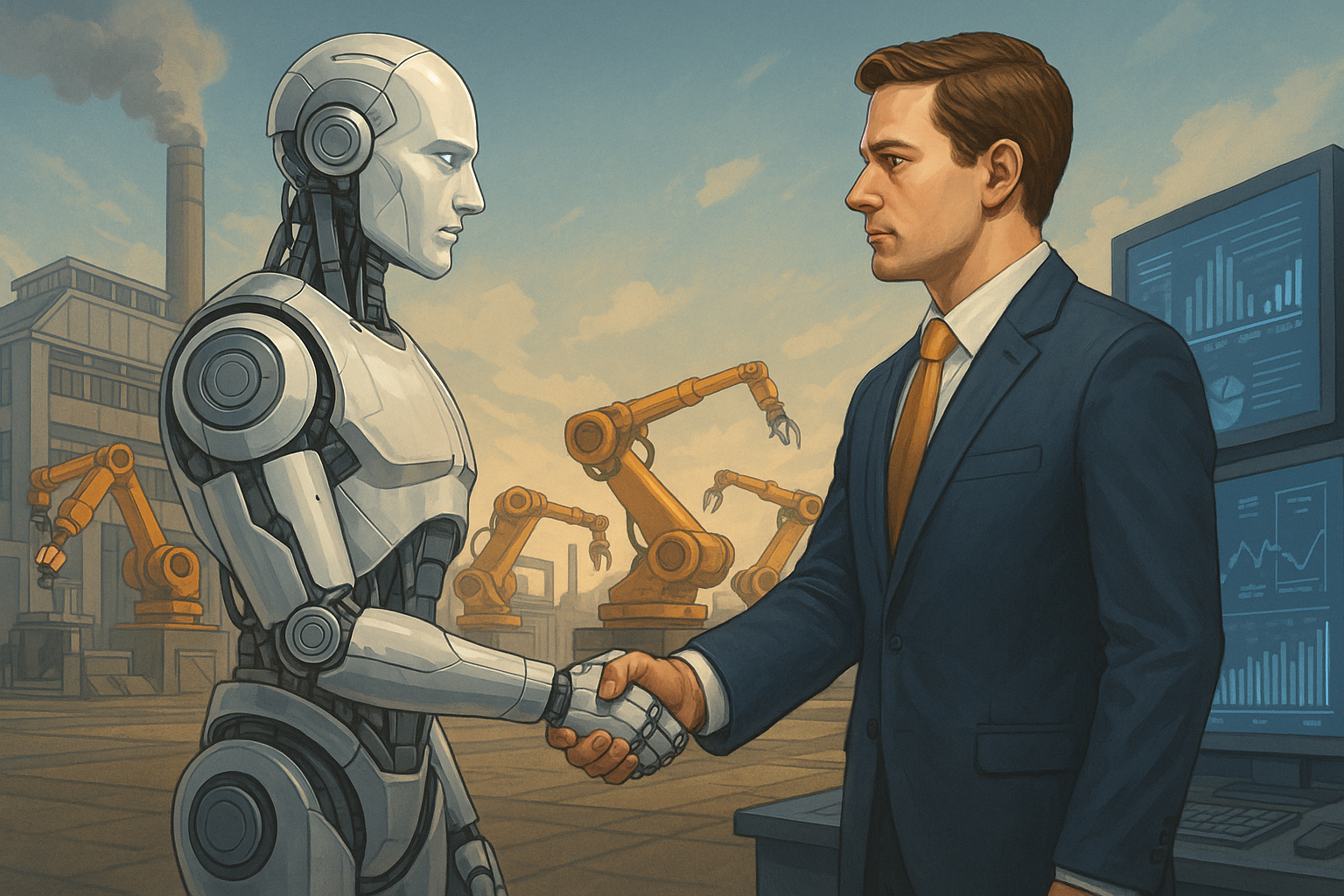 Un robot y un humano estrechando manos frente a una fábrica automatizada y pantallas digitales, simbolizando la cooperación entre tecnología y trabajo humano.