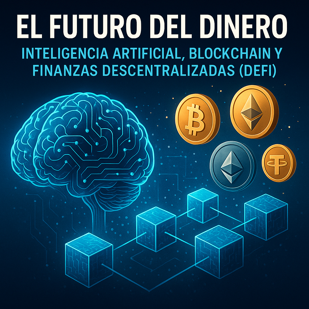 Una fusión visual de cerebro digital, cadena de bloques y símbolos de criptomonedas, representando la unión entre inteligencia artificial y finanzas descentralizadas.