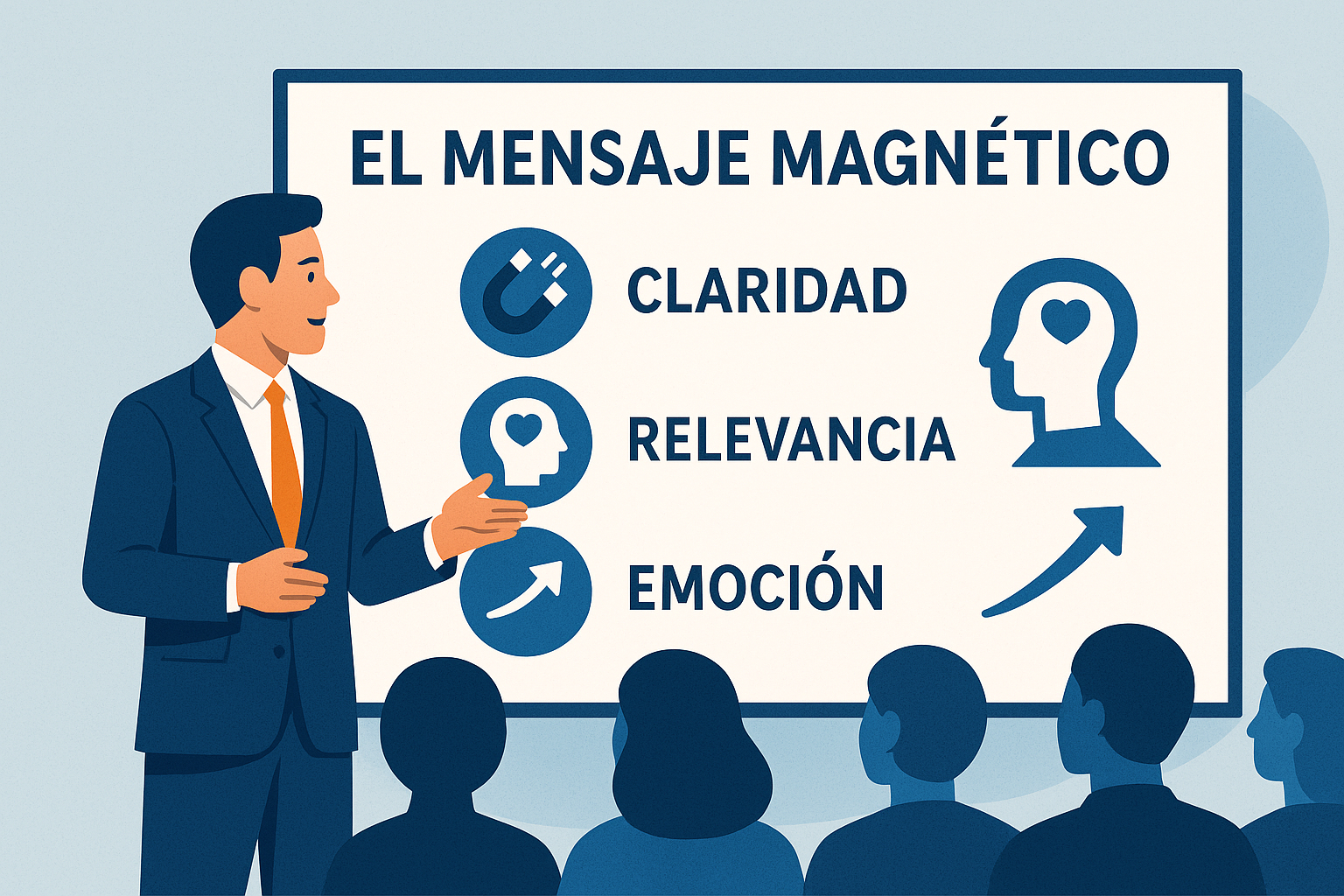Ilustración profesional de un presentador explicando los pilares del Mensaje Magnético — claridad, relevancia y emoción — frente a una audiencia.