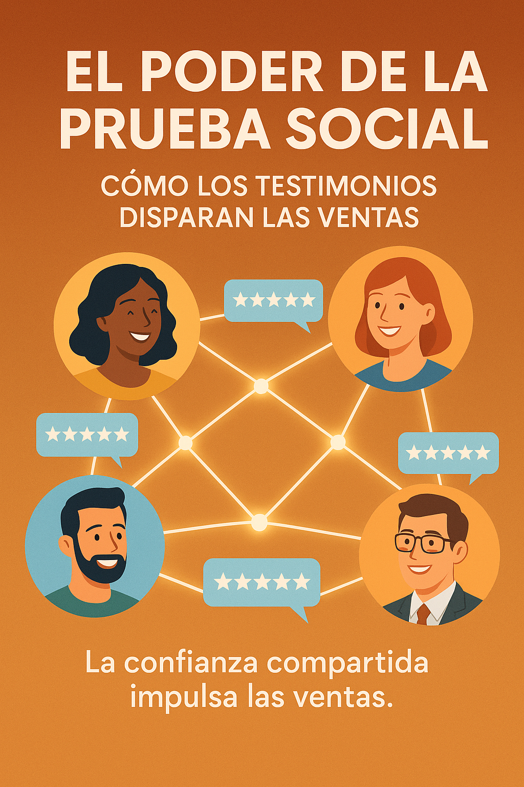 Clientes sonrientes conectados por líneas luminosas y reseñas positivas, representando confianza compartida.