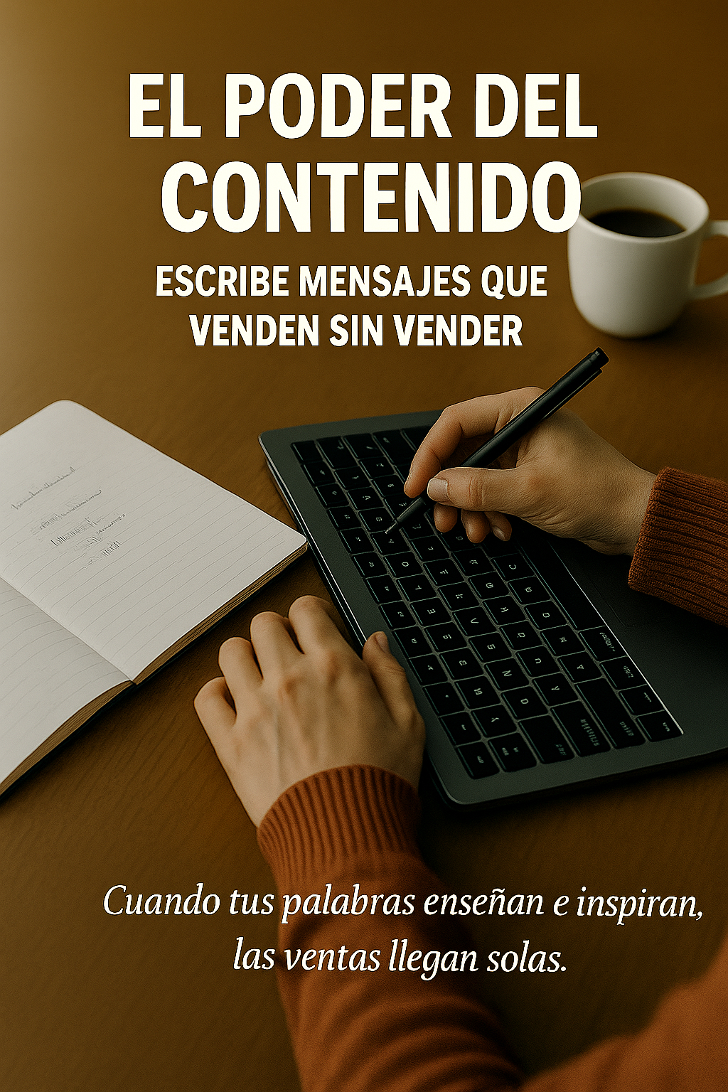 Persona escribiendo en su laptop, rodeada de notas y una taza de café, simbolizando creatividad y estrategia.