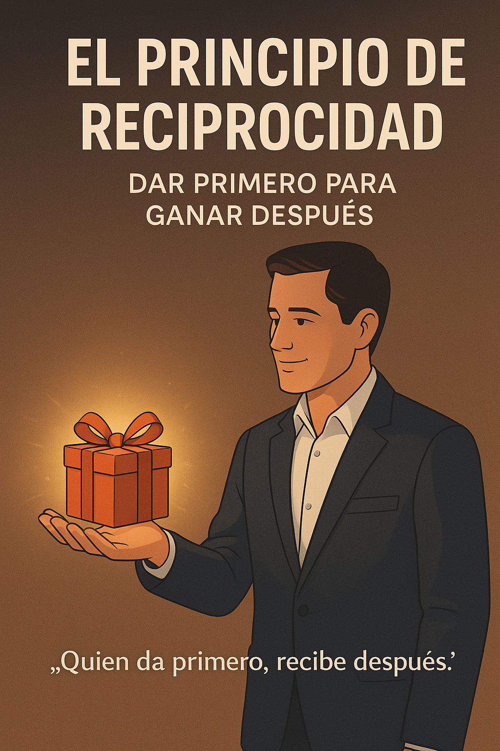 Un vendedor ofreciendo un regalo simbólico envuelto en luz, representando confianza y valor.
