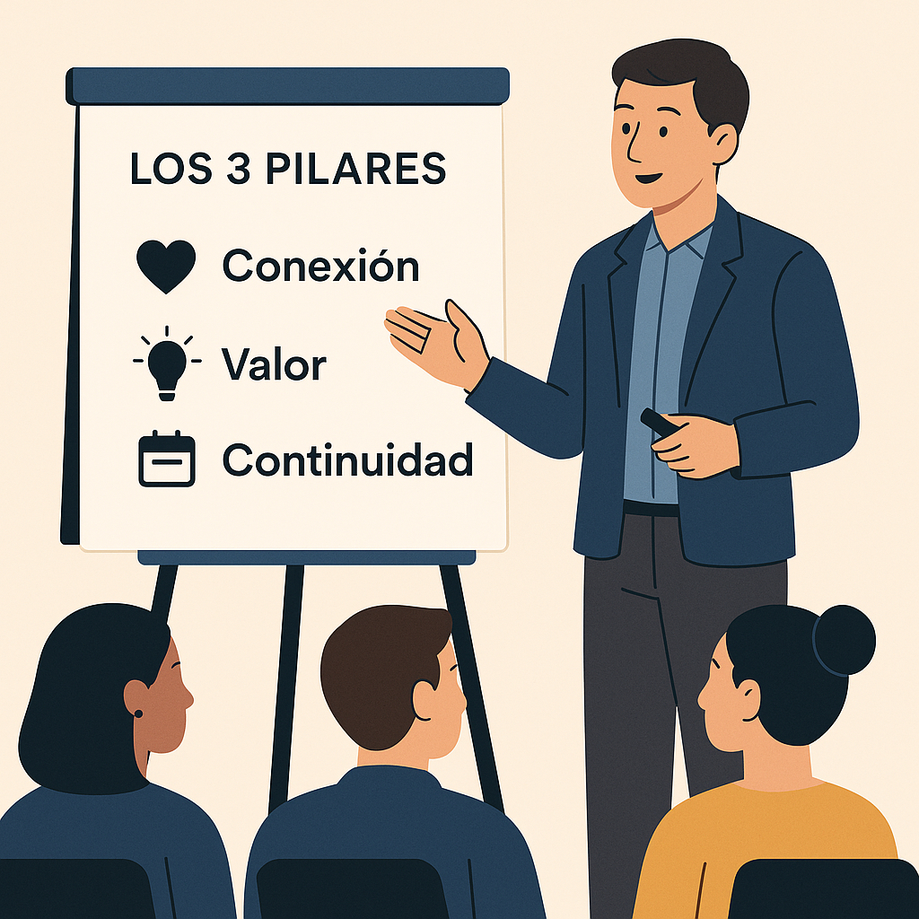 Ilustración de un presentador enseñando los tres pilares del email marketing magnético — conexión, valor y continuidad — frente a una audiencia.