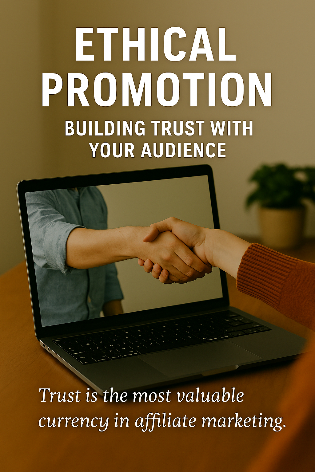 Person shaking hands through a laptop screen symbolizing digital trust and transparency in affiliate marketing.