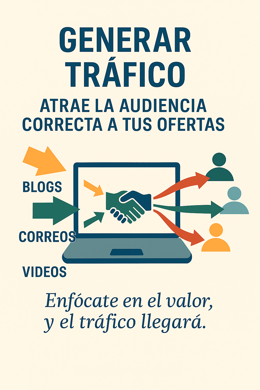 Flechas y visitantes fluyendo hacia una laptop, simbolizando el tráfico web en el marketing de afiliados.