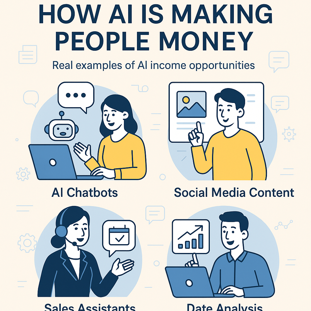 Illustration showing ways people use AI to generate income