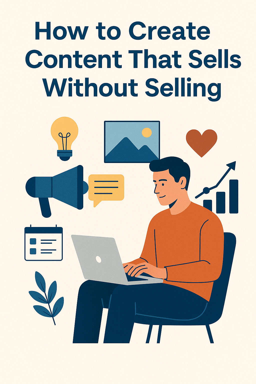 Illustration of a digital creator working on a laptop, surrounded by icons representing content creation such as a lightbulb, megaphone, speech bubble, heart, calendar, analytics graph, and image frame.