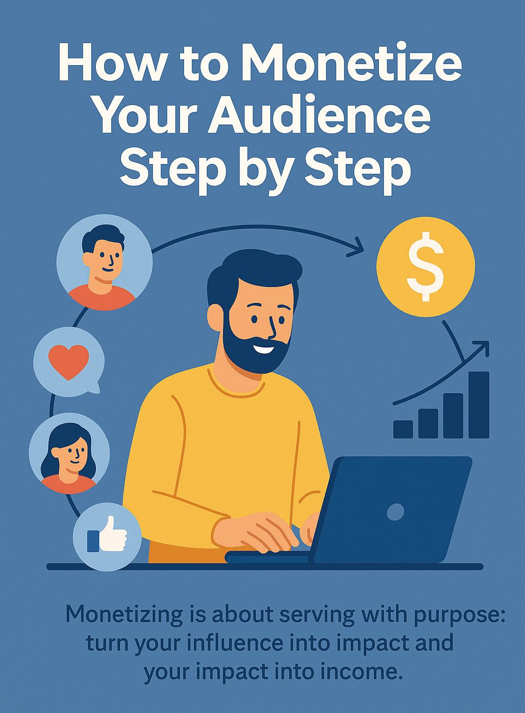 Digital illustration of a content creator typing on a laptop, surrounded by audience icons, engagement symbols, and a dollar sign representing monetization and audience growth.