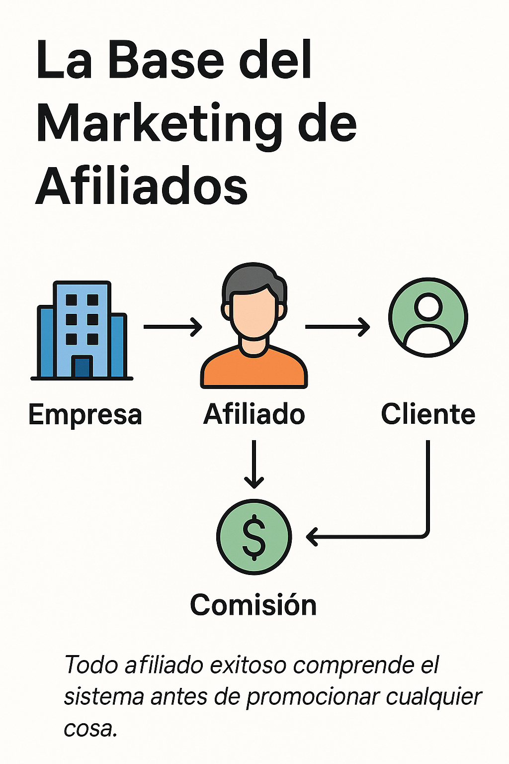 Infografía educativa que muestra cómo funciona el marketing de afiliados con flechas conectando Empresa → Afiliado → Cliente → Comisión.