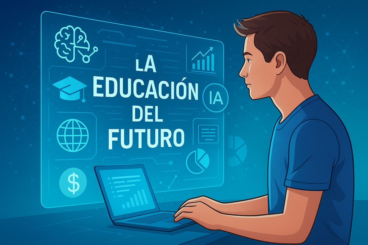 Un estudiante mirando una pantalla holográfica con iconos de tecnología, IA y gráficos digitales, simbolizando el aprendizaje moderno y global.