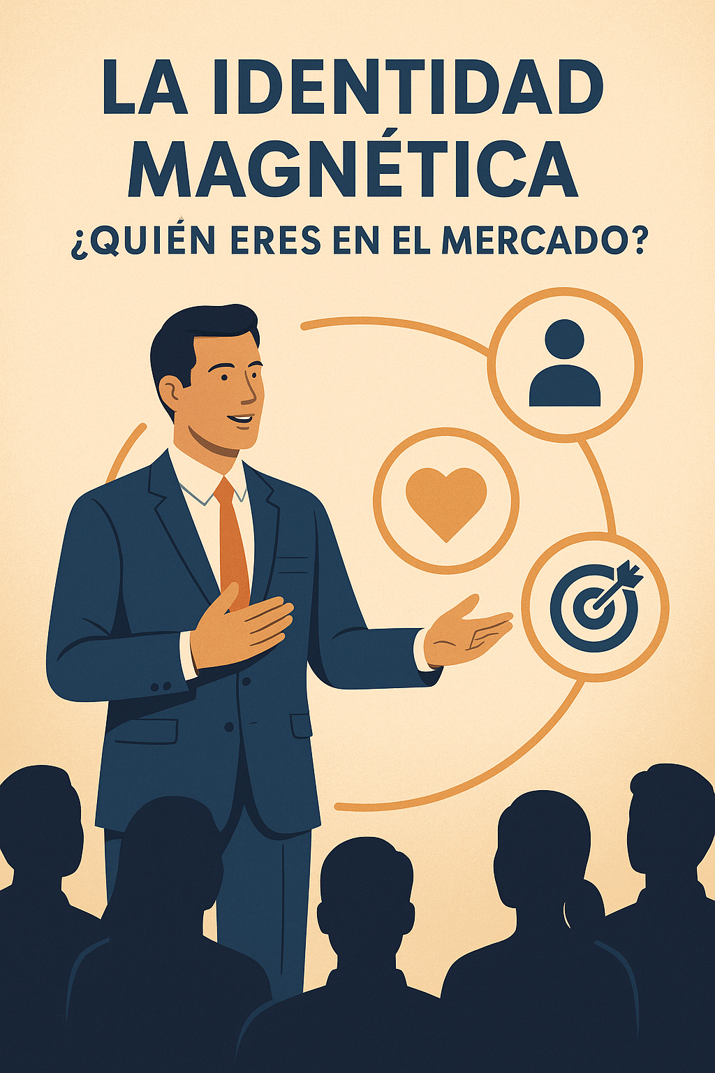 Ilustración de un líder empresarial enseñando los elementos clave de la identidad magnética: persona, corazón y objetivo, frente a una audiencia.