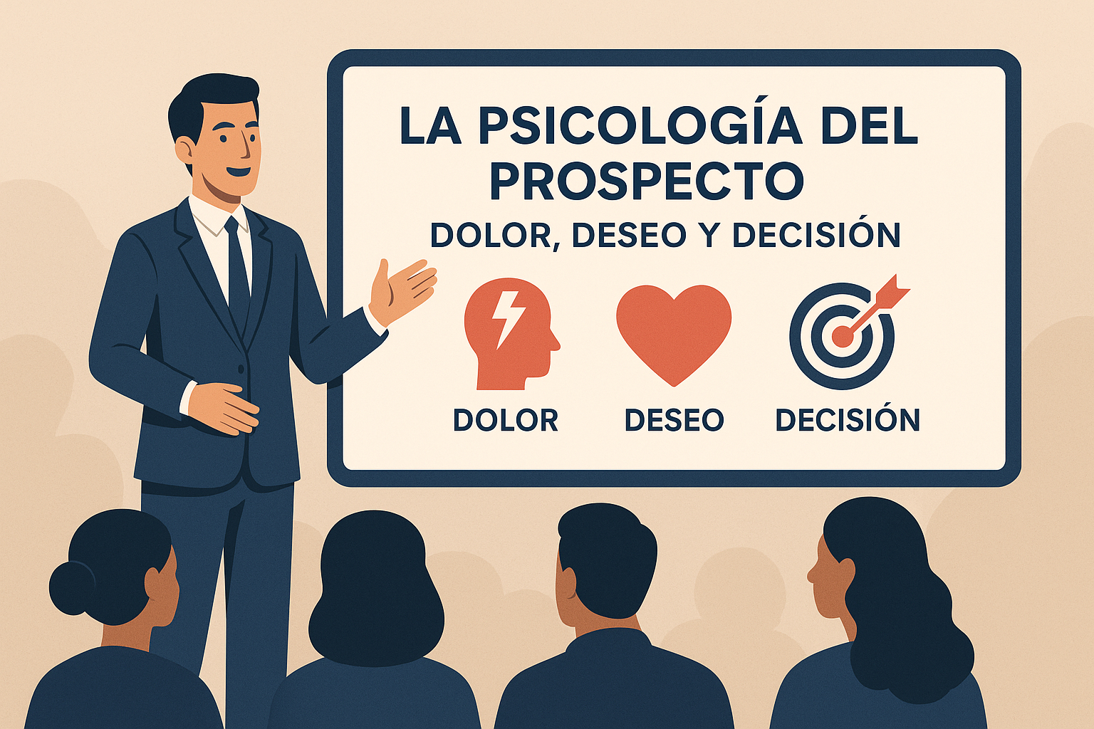 Ilustración profesional de un presentador explicando los tres pilares de la psicología del prospecto — dolor, deseo y decisión — frente a una audiencia.