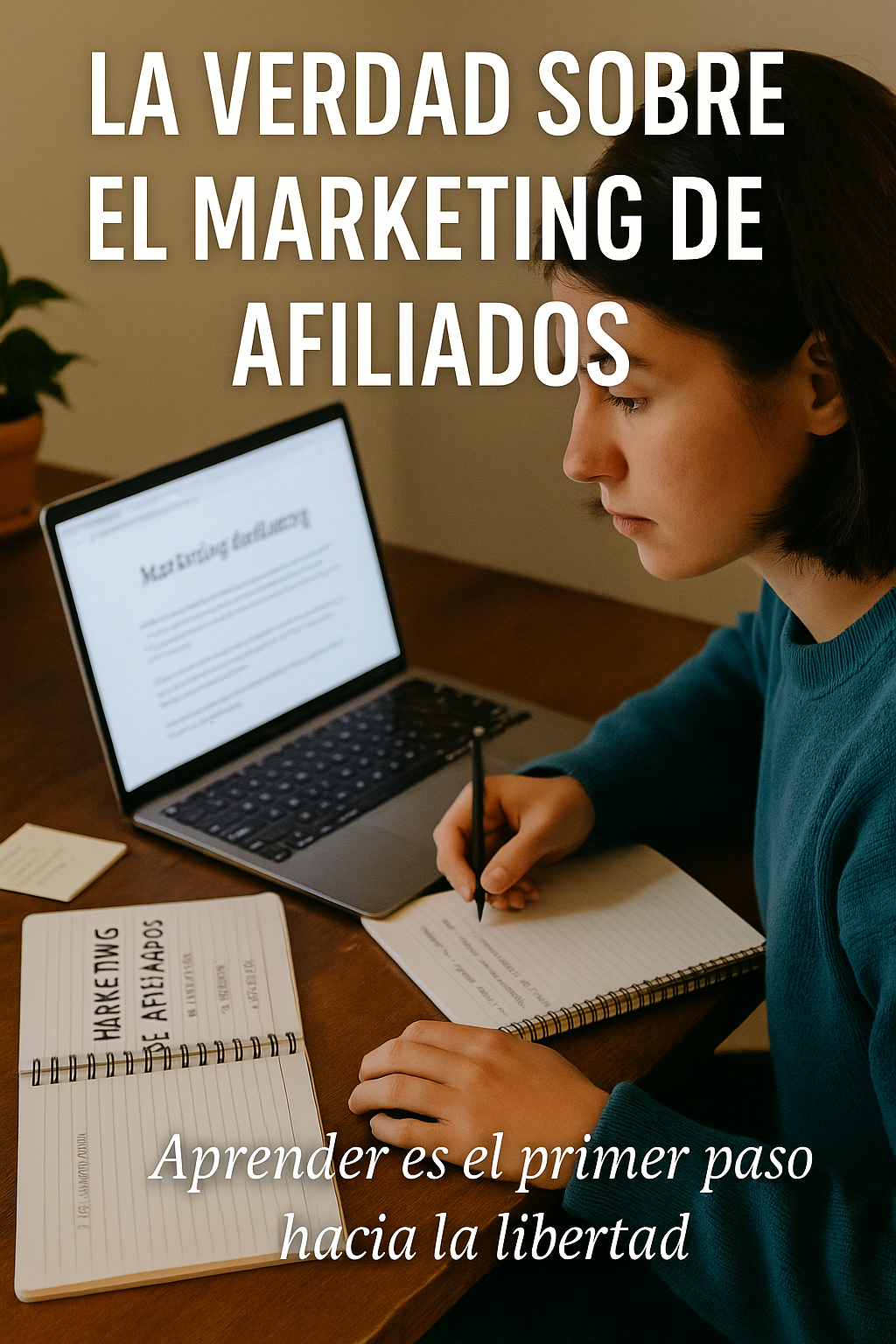 Persona estudiando marketing de afiliados en su computadora portátil desde casa, con cuaderno y notas a su alrededor.