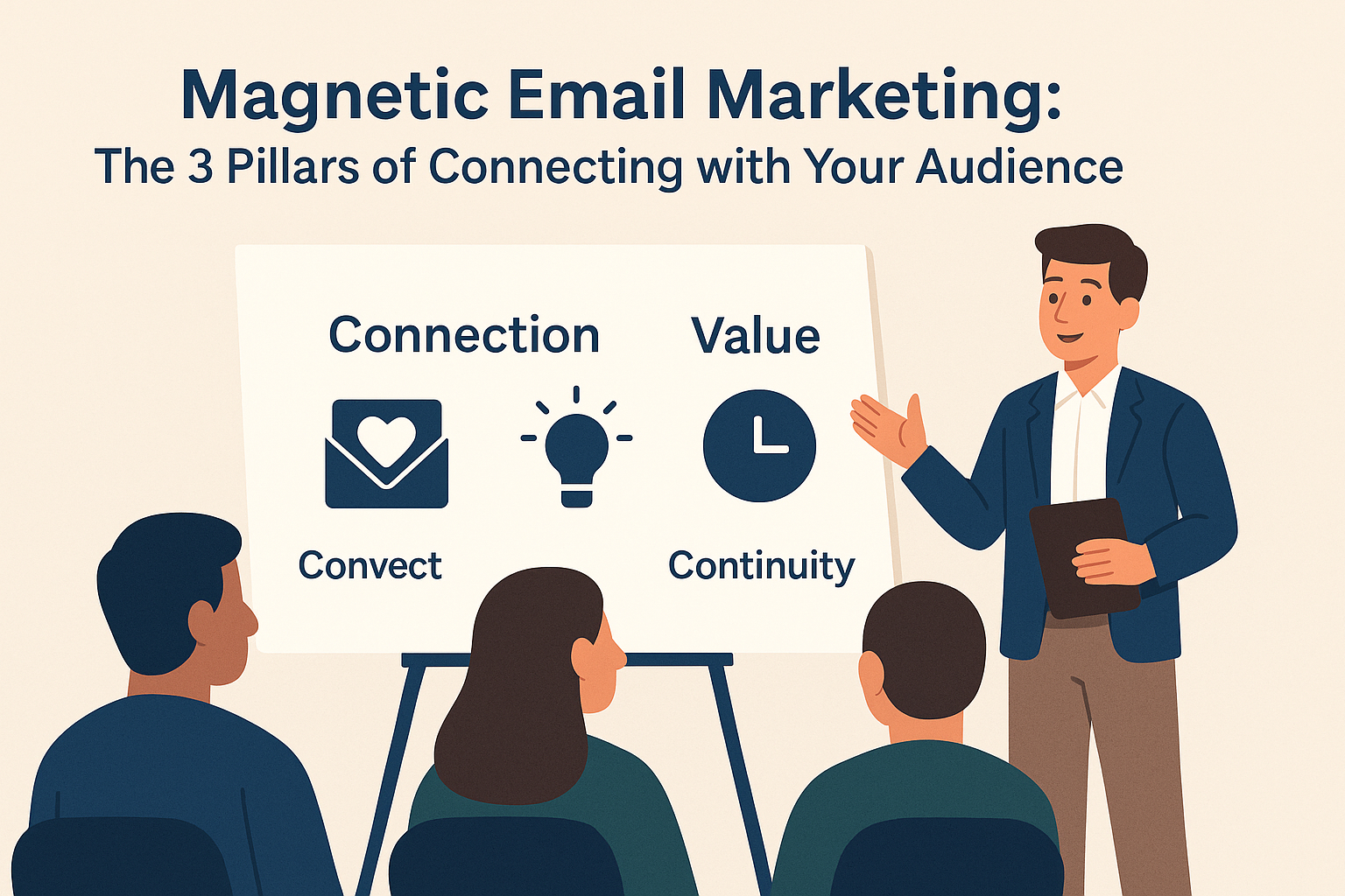 A professional illustration of a presenter explaining the three pillars of Magnetic Email Marketing—Connection, Value, and Continuity—to an attentive audience.