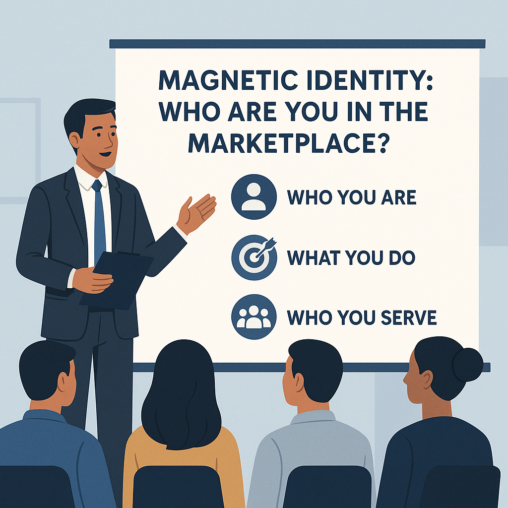 A professional illustration of a speaker presenting the concept of Magnetic Identity — defining who you are in the marketplace — to an attentive audience.