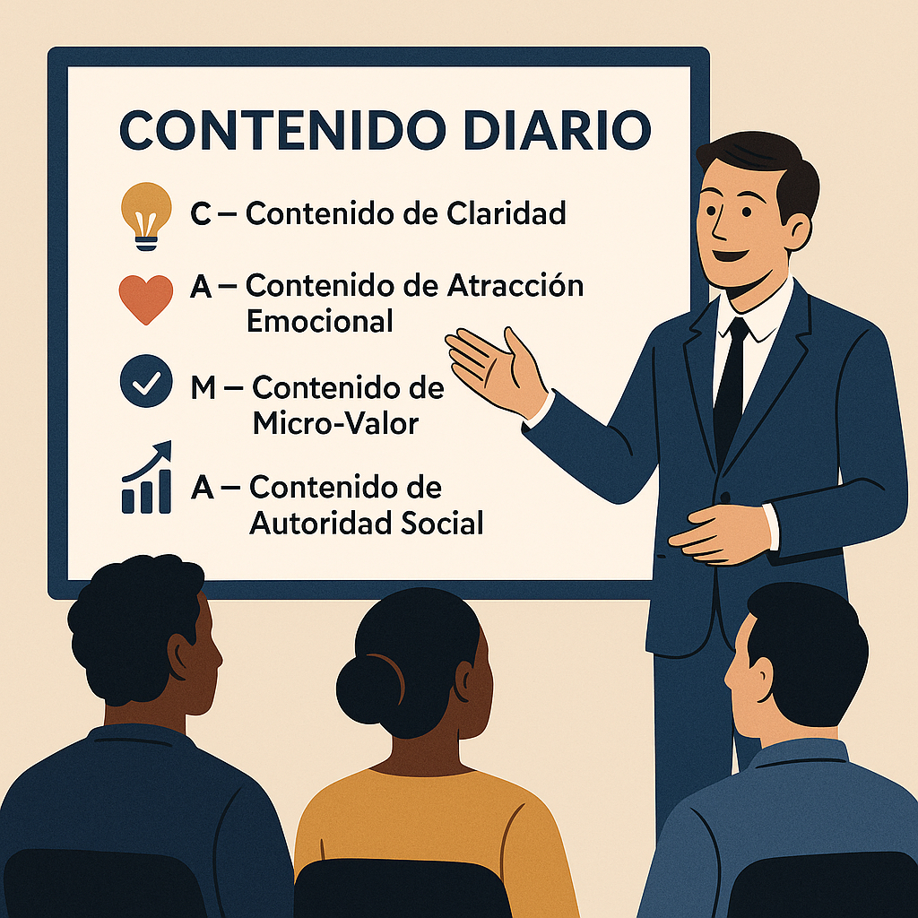Ilustración profesional de un presentador enseñando los cuatro tipos de contenido diario: claridad, atracción emocional, micro-valor y autoridad social, frente a una audiencia.