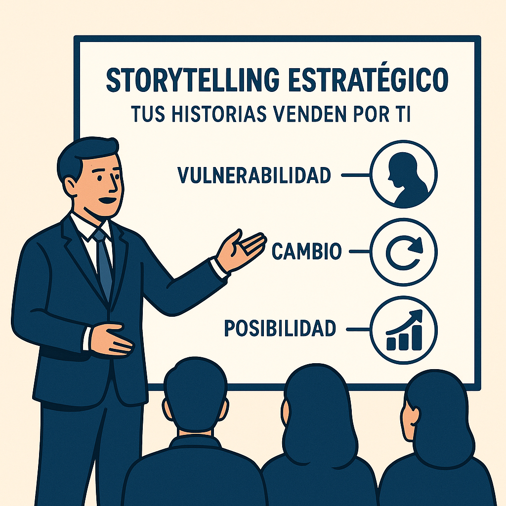 Ilustración profesional que muestra a un presentador explicando los tres pilares del storytelling estratégico — vulnerabilidad, cambio y posibilidad — frente a una audiencia.