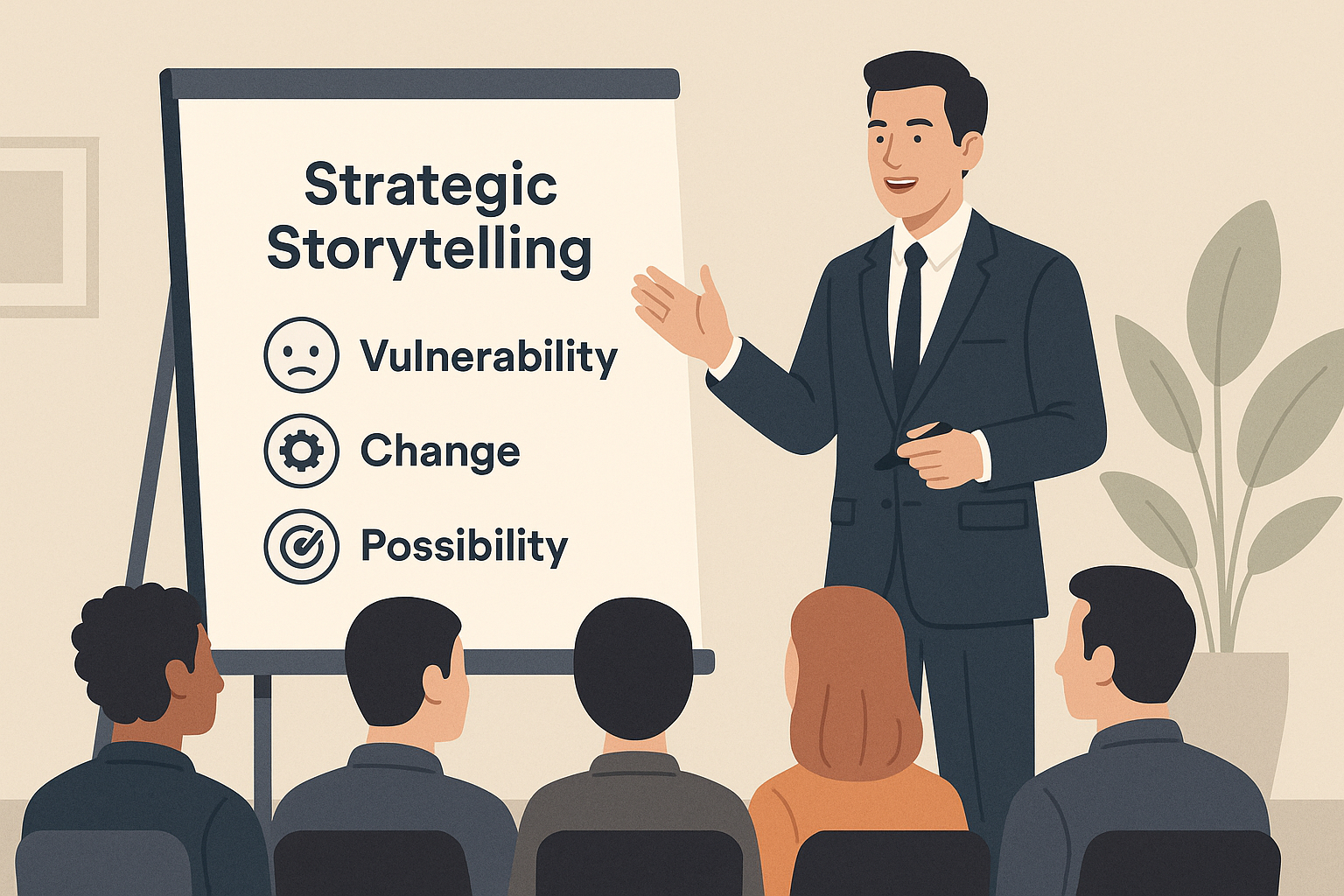 A professional digital illustration of a presenter teaching the three core elements of strategic storytelling—vulnerability, change, and possibility—to an audience.