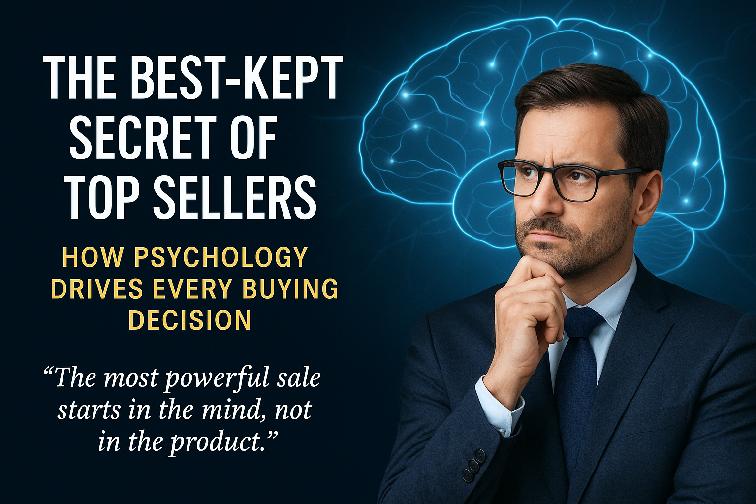 A confident salesperson analyzing the psychology of buying decisions with glowing neural connections in the background.