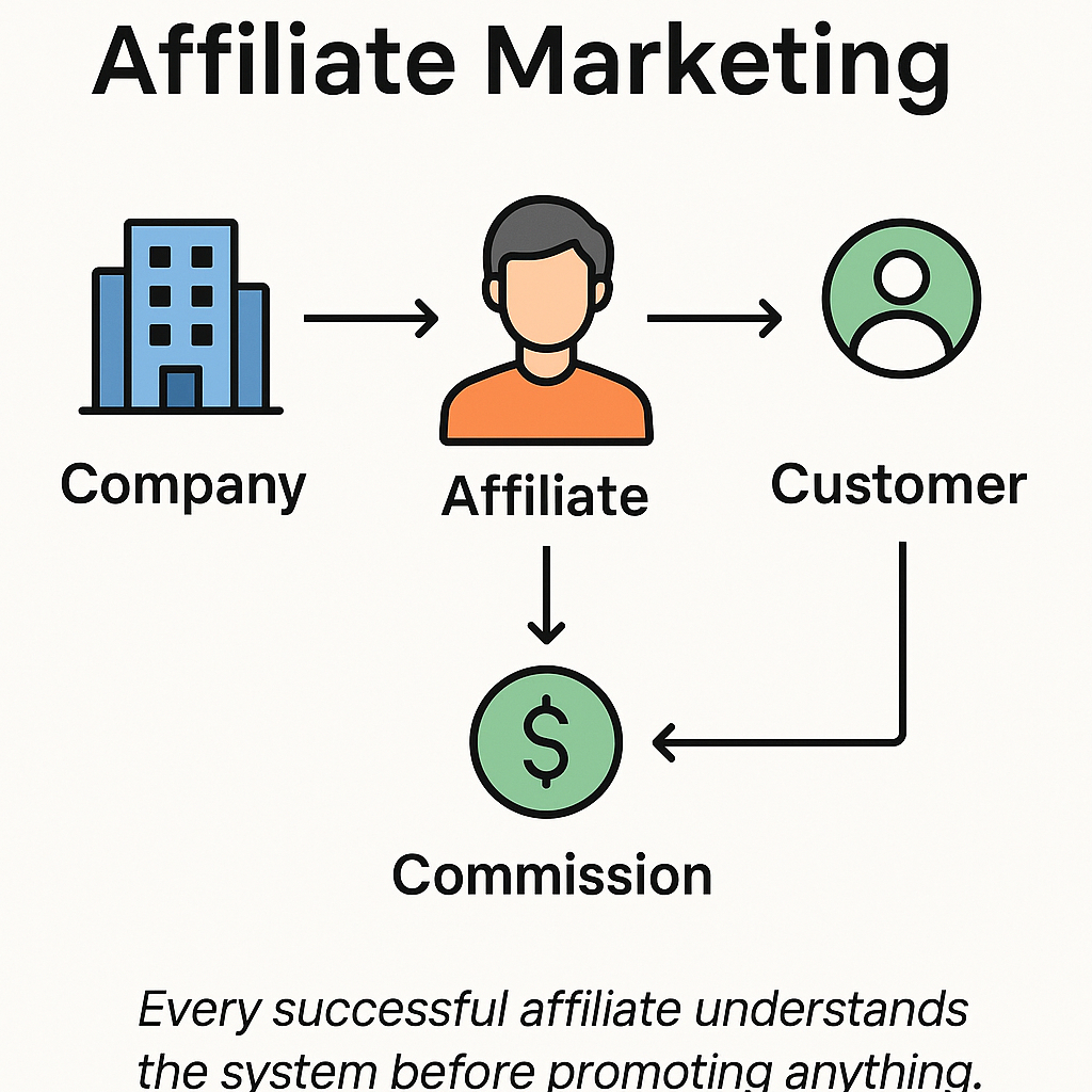 Diagram showing the connection between company, affiliate, and customer in a digital marketing process.