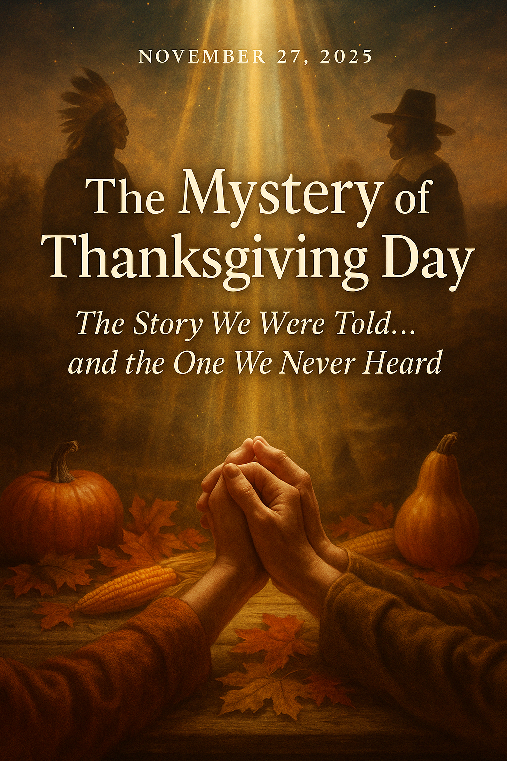 Praying hands over a harvest table with divine light and silhouettes of a Native American and a Pilgrim, representing the spiritual and historical mystery of Thanksgiving Day.