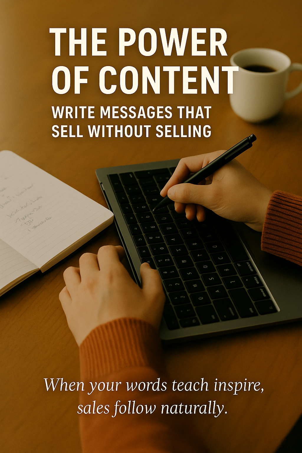 Person writing content on a laptop surrounded by notes and a cup of coffee, symbolizing creativity and strategy.