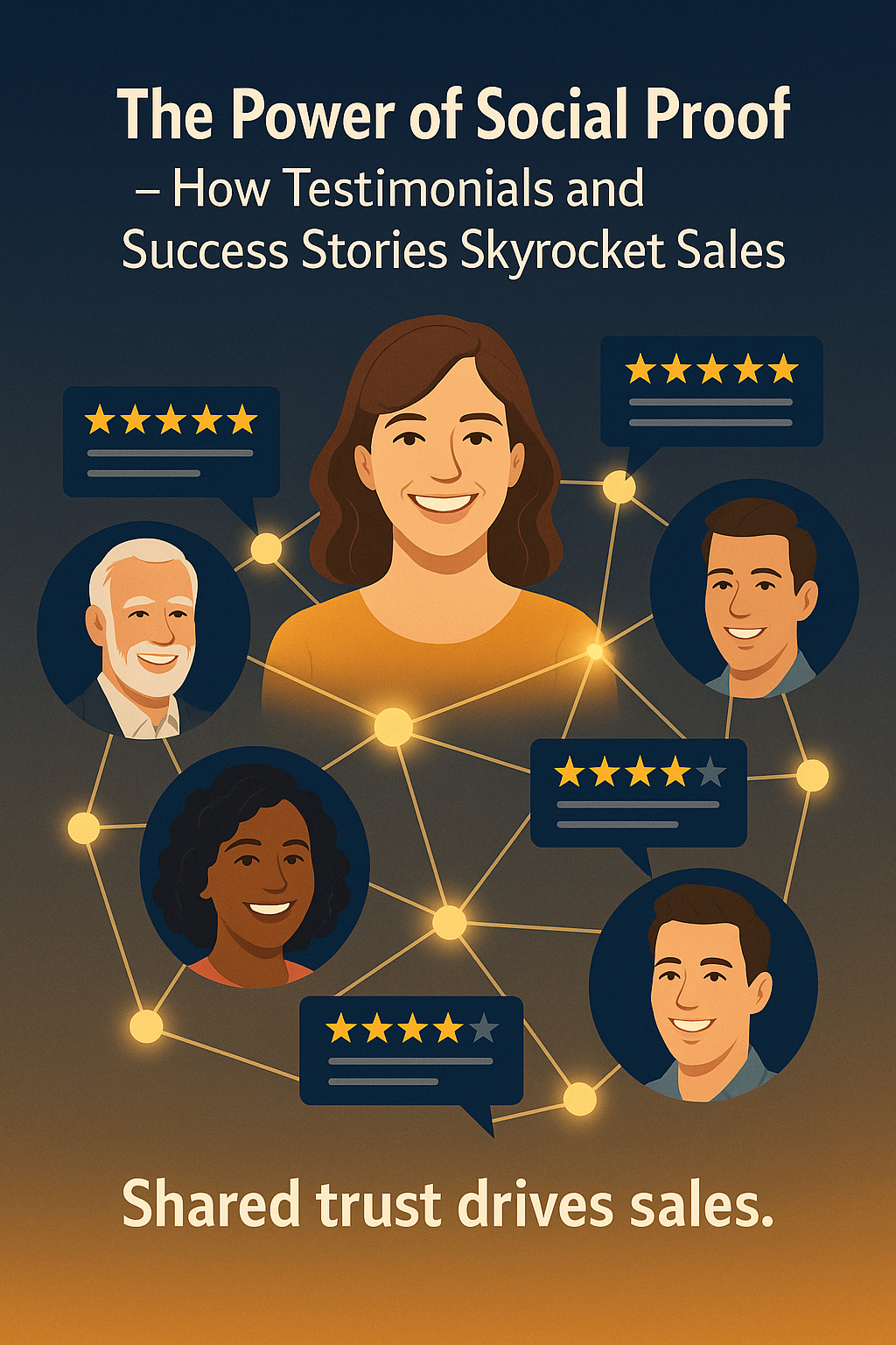 Smiling customers connected by glowing lines and positive reviews symbolizing shared trust and credibility.