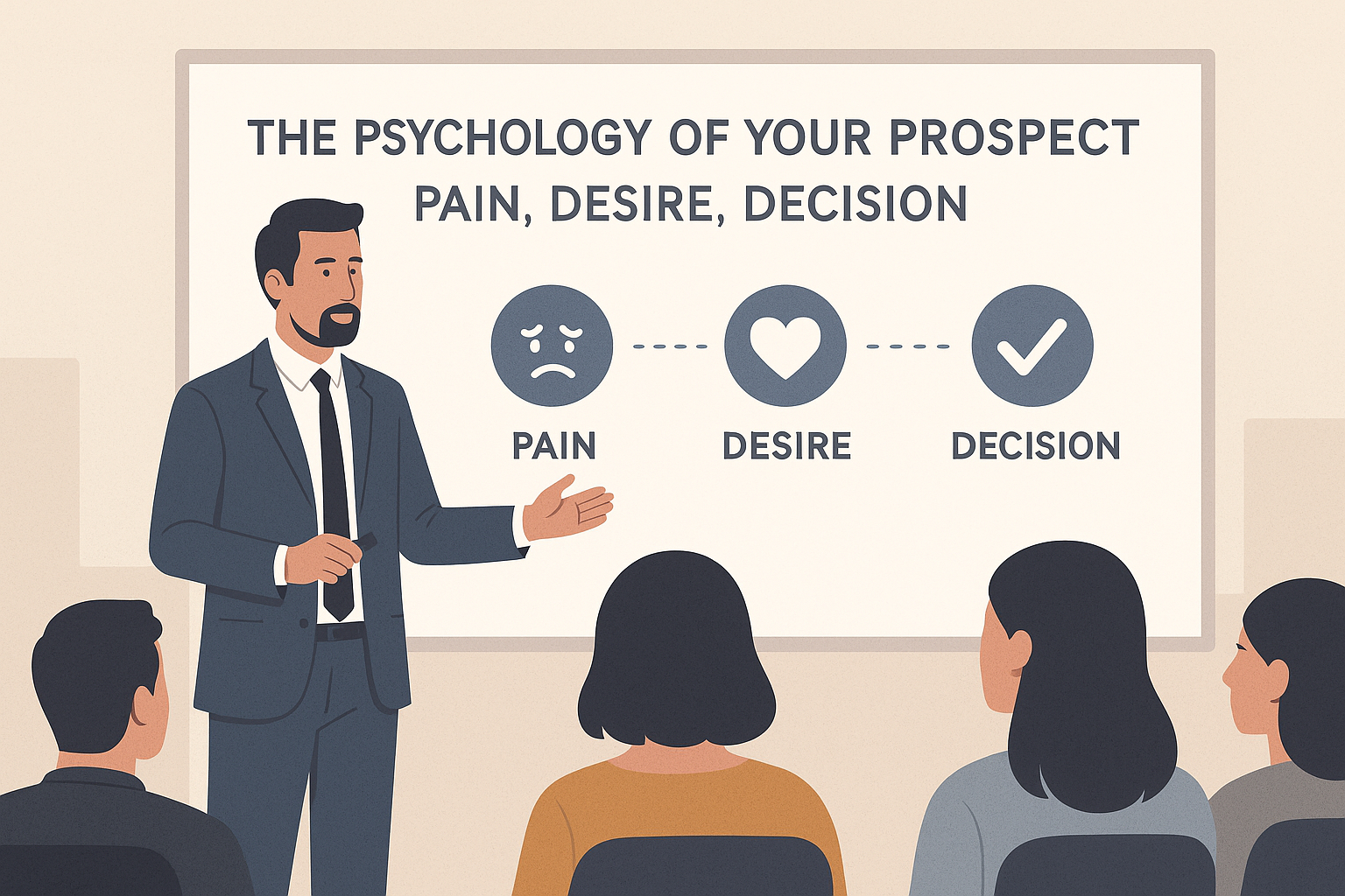 A professional illustration of a presenter explaining the three core elements of prospect psychology—pain, desire, and decision—to an engaged audience.