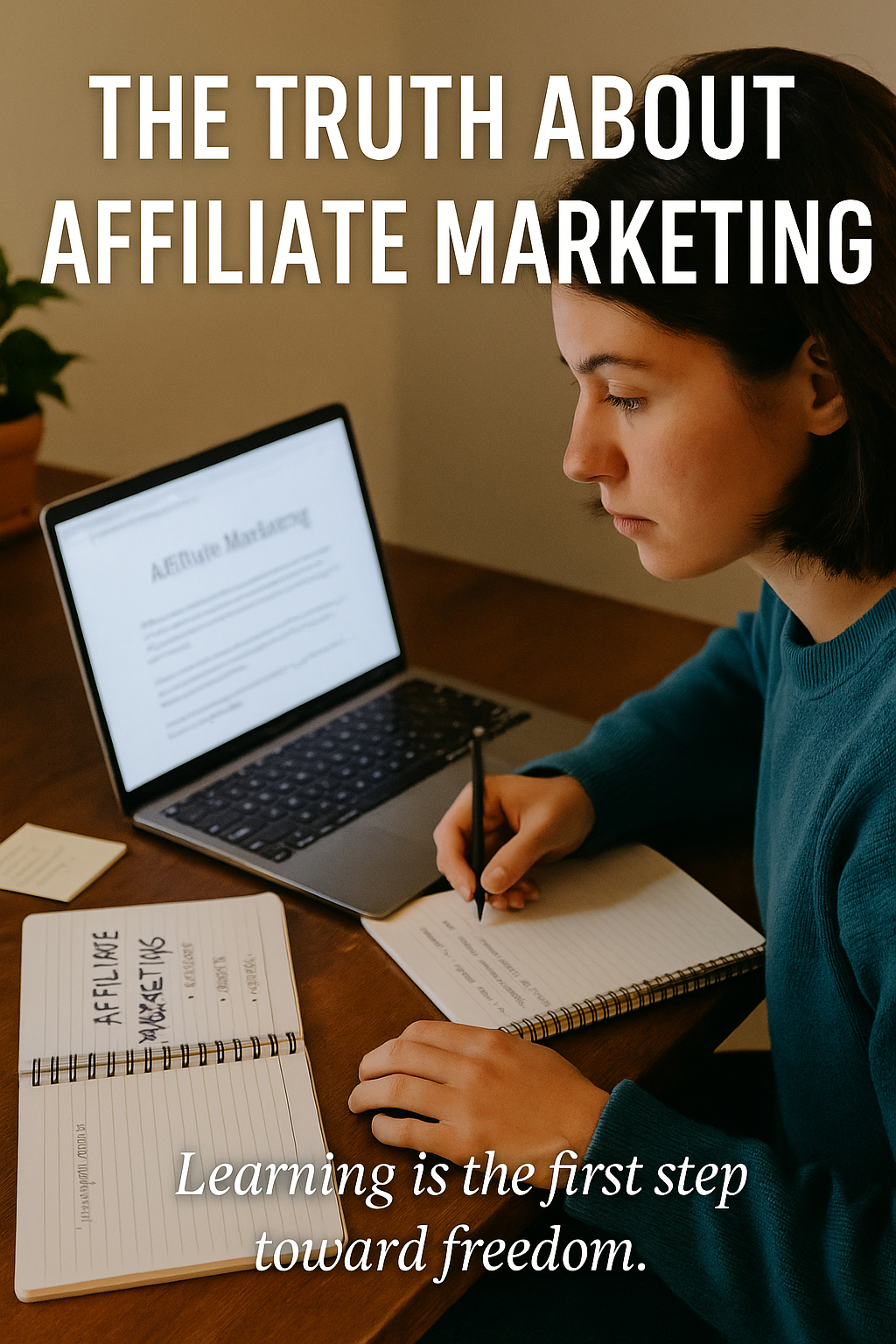 A person studying affiliate marketing on a laptop at home, surrounded by notes, representing digital education and online income.