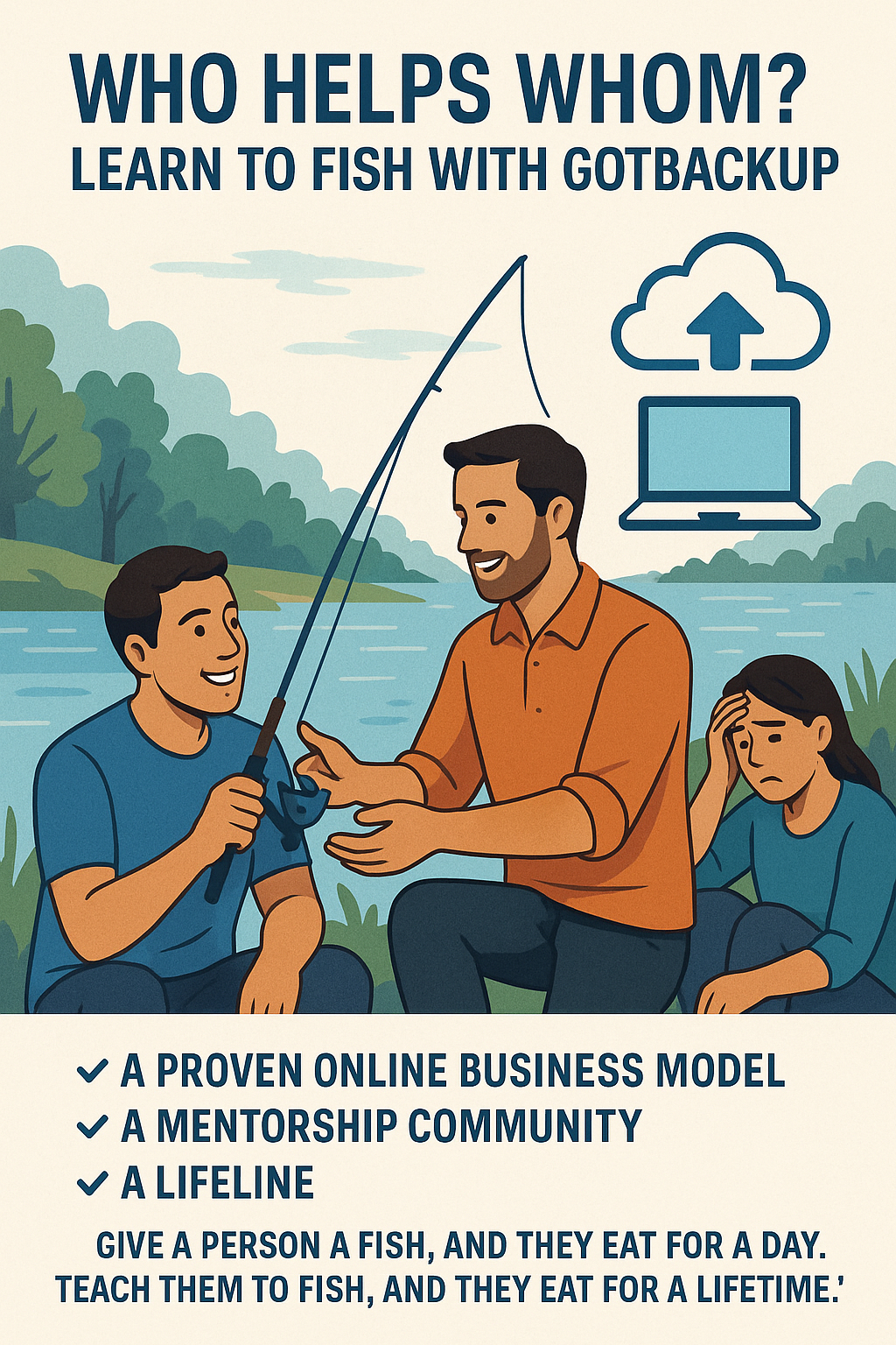 Two people by a lake at sunrise, one teaching the other how to fish, symbolizing GotBackUp mentorship and empowerment.