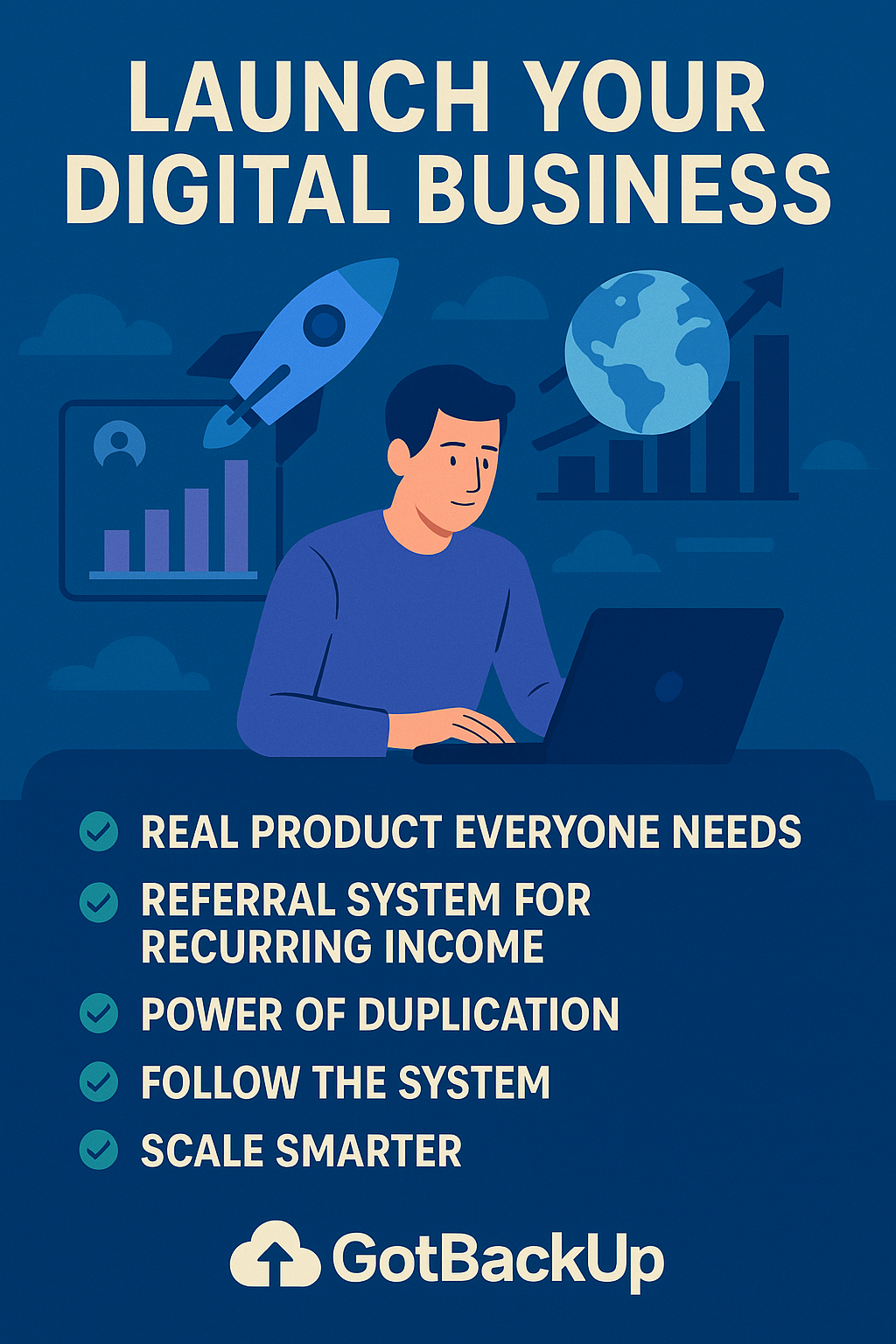 Digital illustration of an entrepreneur working on a laptop, surrounded by growth icons, financial symbols, and global elements, representing launching a digital business with GotBackUp.