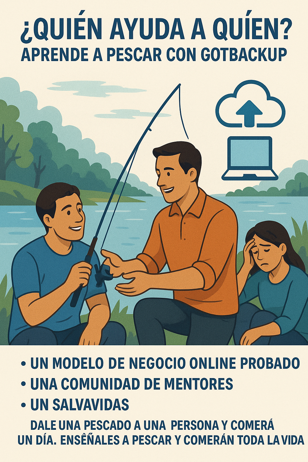 Dos personas junto a un lago al amanecer, una enseñando a la otra a pescar, simbolizando la mentoría y el empoderamiento de GotBackUp.
