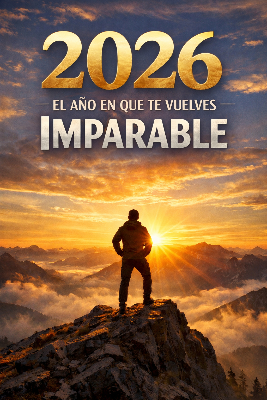 Una persona decidida de pie al amanecer en la cima de una montaña, simbolizando nuevos comienzos, disciplina y transformación personal para el año 2026.