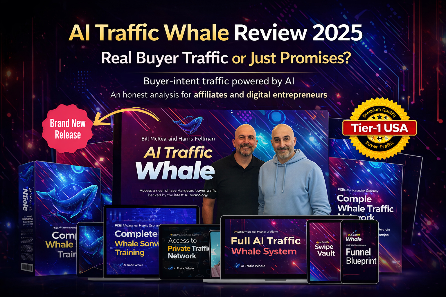 Promotional image of AI Traffic Whale featuring an AI-powered traffic system, buyer-intent traffic tools, training modules, and automation resources designed for affiliate marketers and online entrepreneurs.
