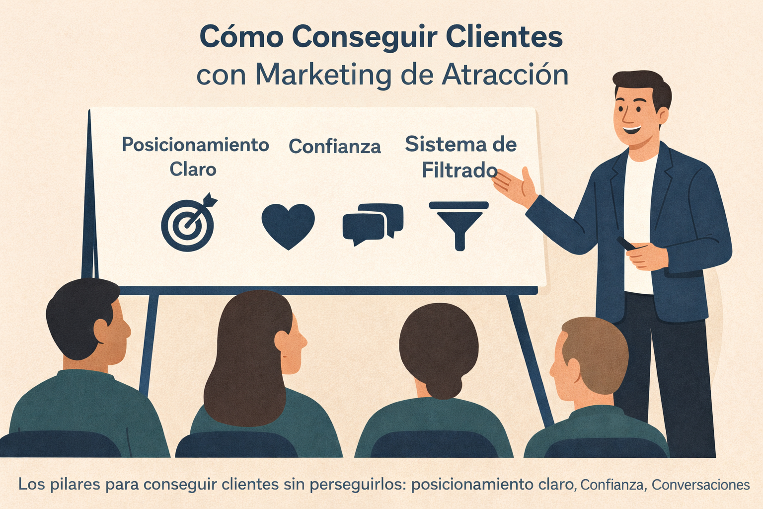 Ilustración profesional de un presentador explicando cómo conseguir clientes con marketing de atracción, mostrando los pilares: posicionamiento claro, confianza, conversaciones y sistema de filtrado, frente a una audiencia.