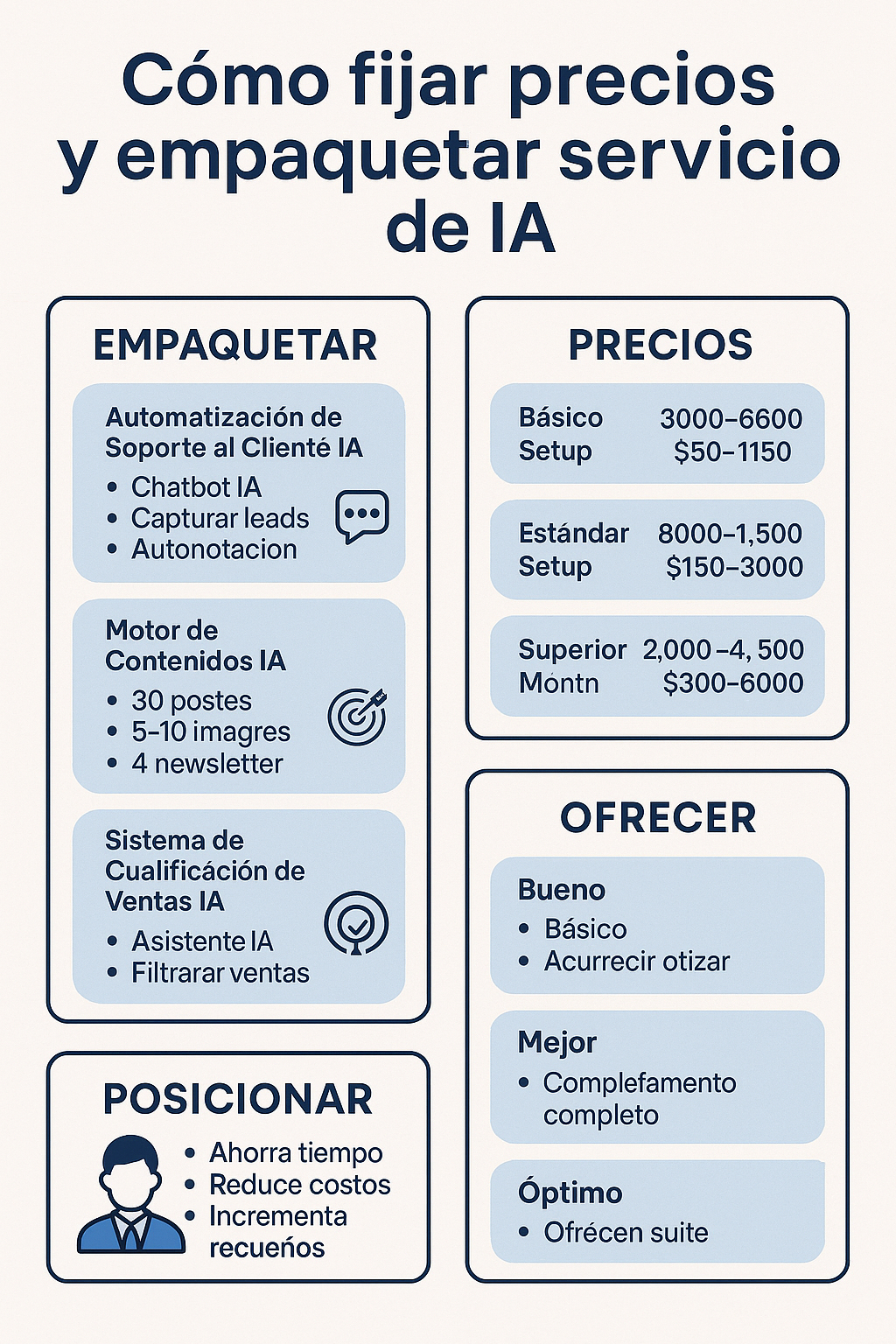 Infografía sobre métodos para empaquetar y fijar precios a servicios de automatización IA