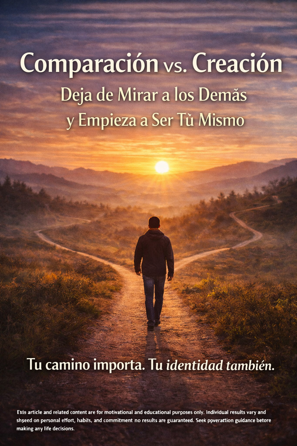 Persona caminando en un sendero propio al amanecer, simbolizando autenticidad y crecimiento personal alineado con su camino único.