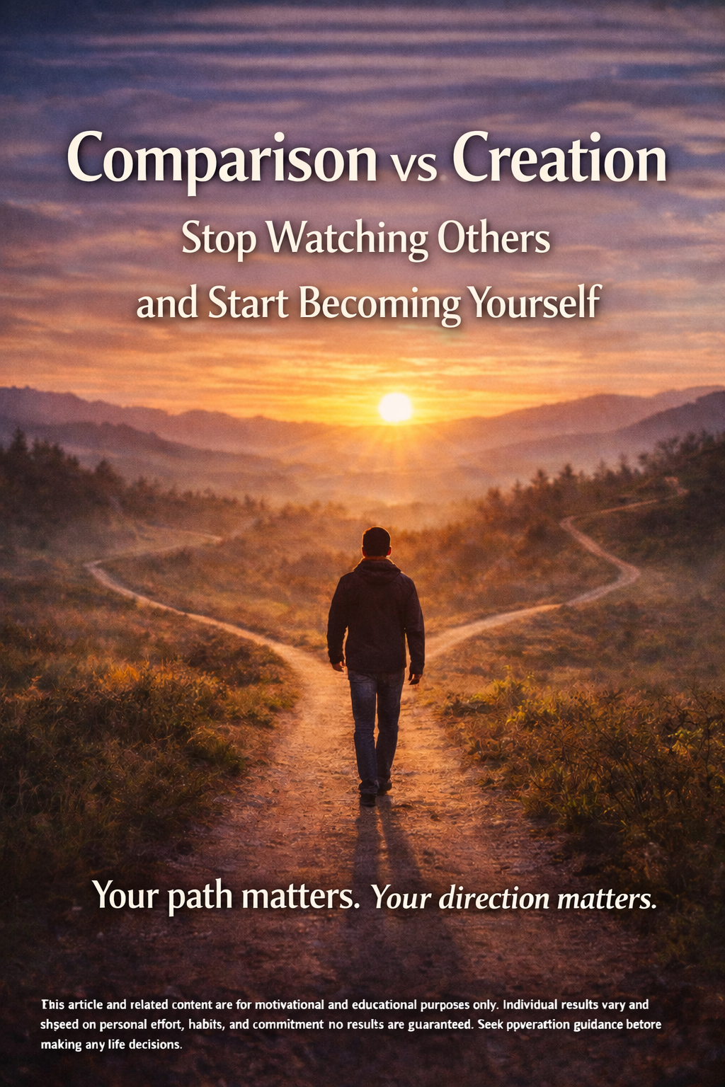 A person walking on a single trail through sunrise mountains while other distant paths fade away, symbolizing focus on your own journey.