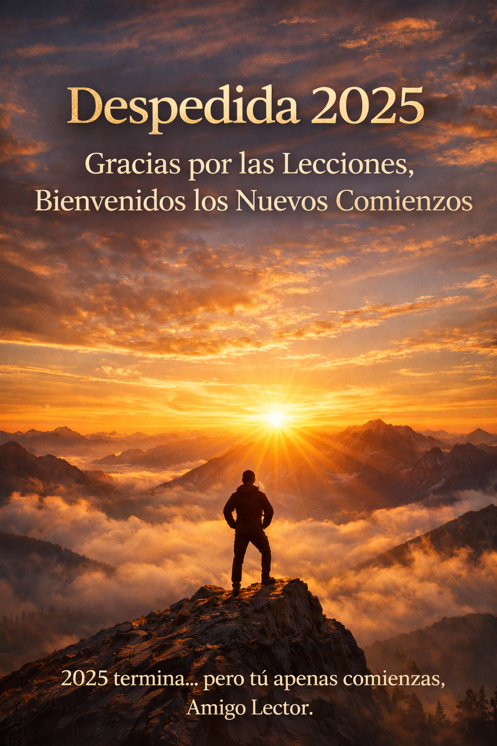 Amanecer dorado iluminando una montaña mientras una persona observa hacia el horizonte, simbolizando el cierre del año 2025 y la preparación para un nuevo comienzo lleno de aprendizaje y esperanza.