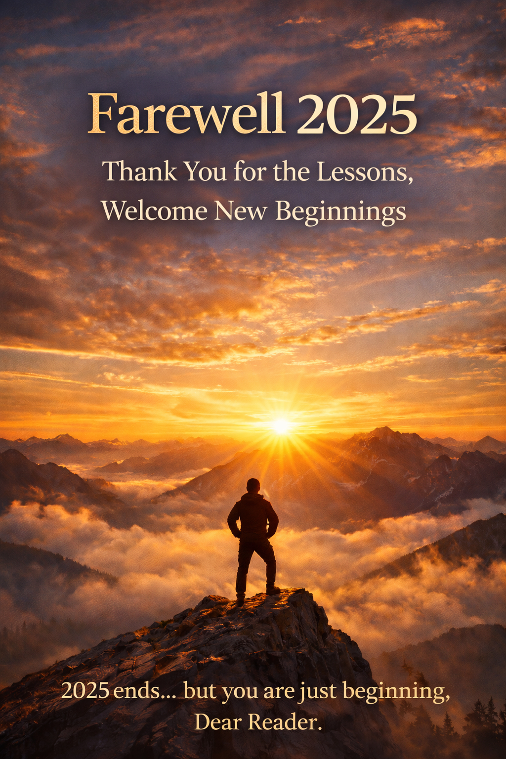 Silhouette of a person standing on a mountain peak at sunrise, symbolizing reflection, gratitude, and new beginnings as the year 2025 ends.