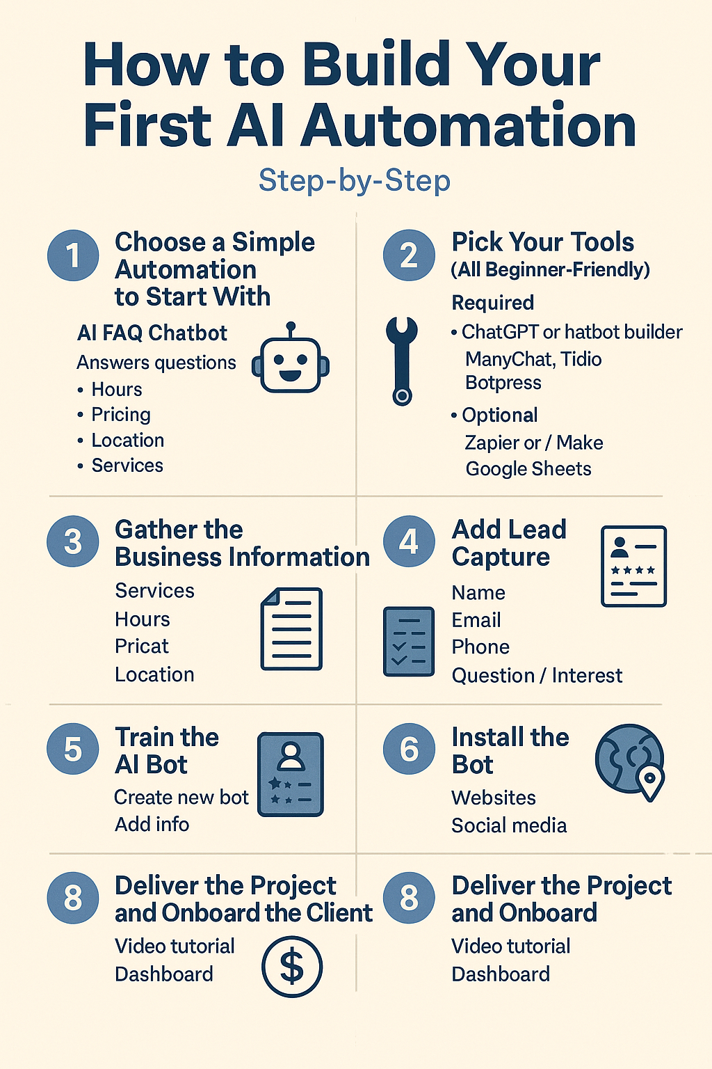 Step-by-step visual guide explaining how beginners can build their first AI automation