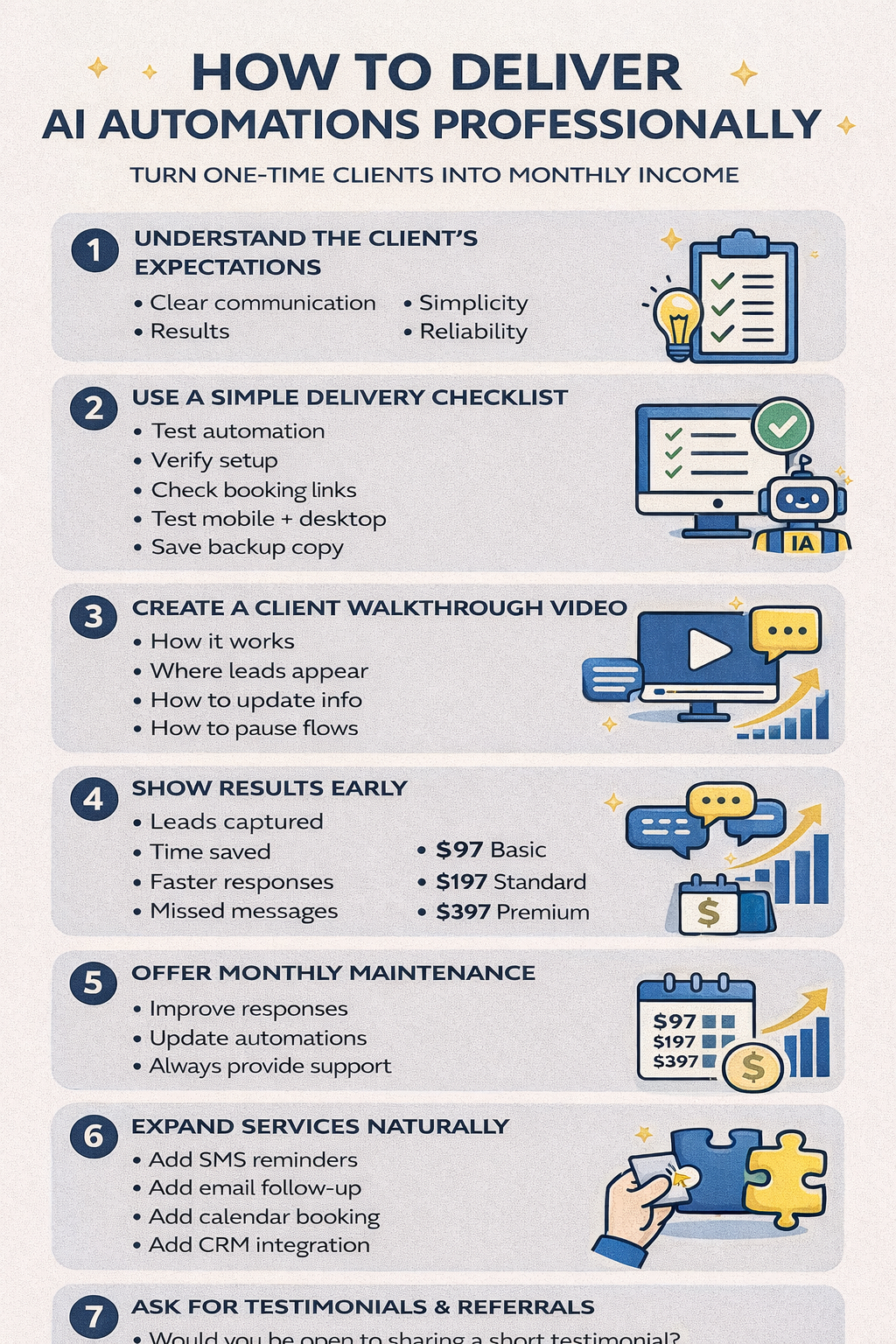 Infographic showing steps to deliver AI automations and retain clients