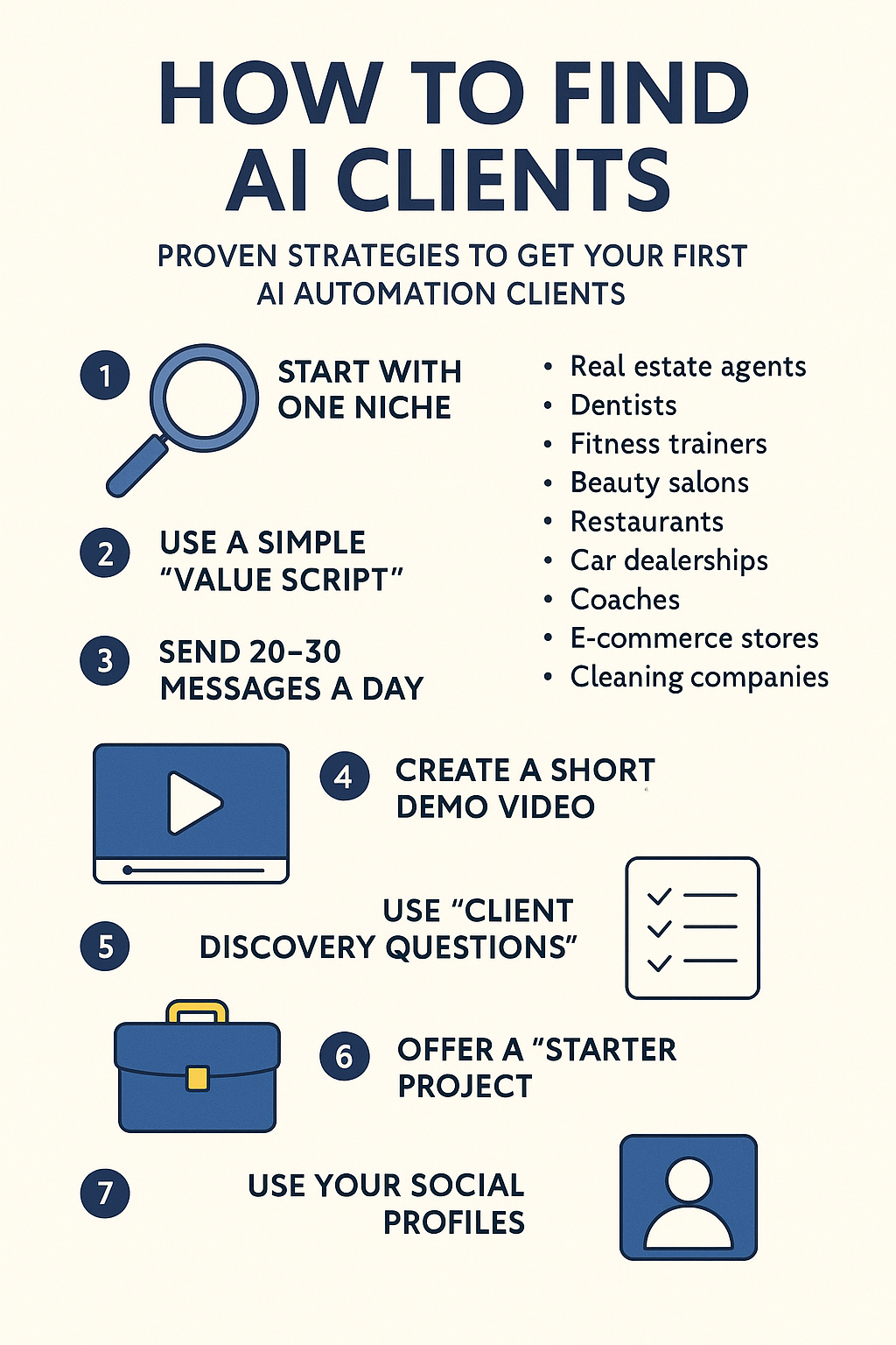 Infographic explaining methods for beginners to find their first AI clients