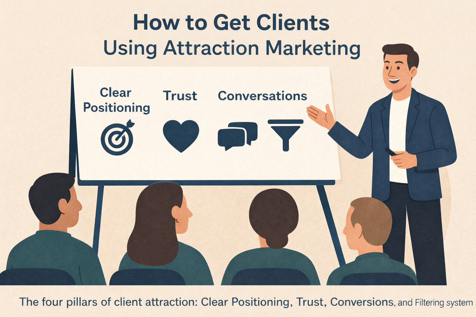 Professional illustration of a presenter explaining how to get clients using attraction marketing, highlighting clear positioning, trust, conversations, and a filtering system to an audience.