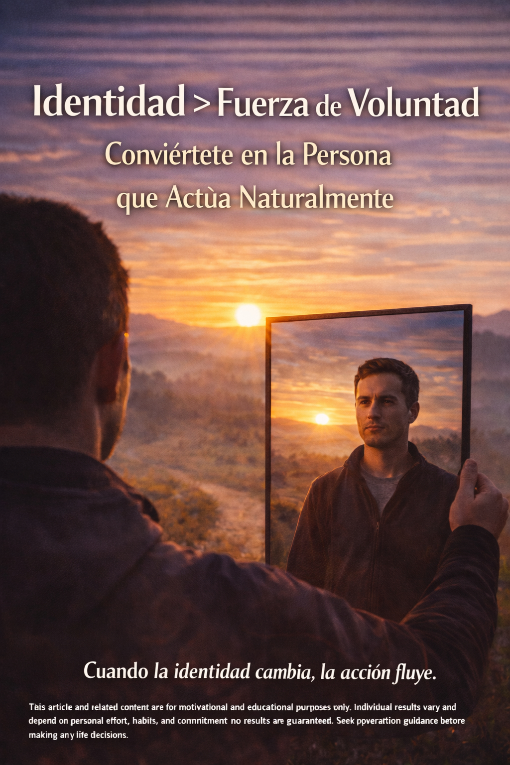 Persona observando su reflejo al amanecer, simbolizando transformación interna e identidad personal.