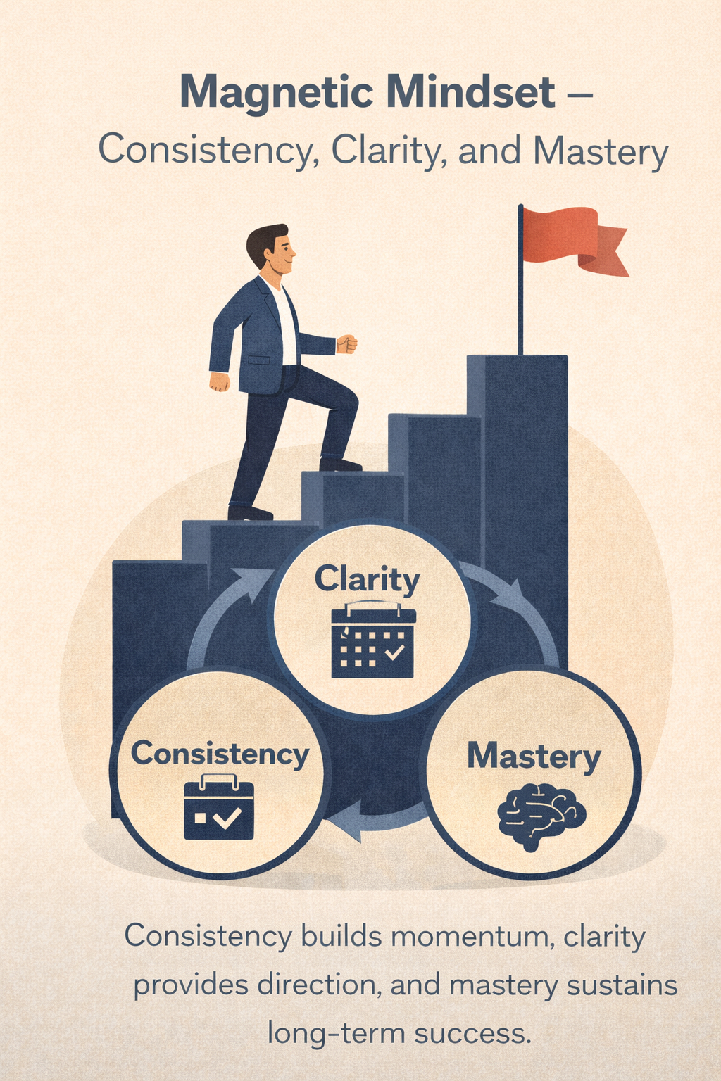Professional illustration of an individual moving forward step by step toward a clear goal, symbolizing a magnetic mindset built on consistency, clarity, and mastery.