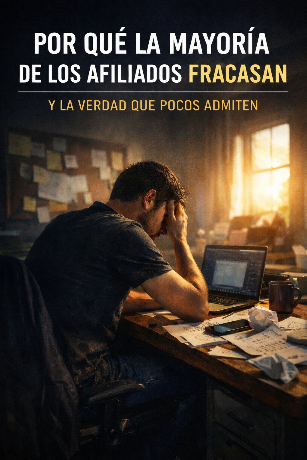 Un afiliado agotado frente a la computadora, rodeado de ideas sin terminar y papeles arrugados; al fondo una luz representa claridad, disciplina y automatización como camino hacia la consistencia y el éxito.