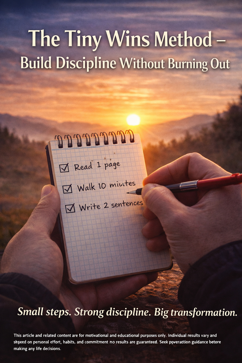 A hand checking off tiny daily tasks on a small checklist, symbolizing consistent progress through small wins.